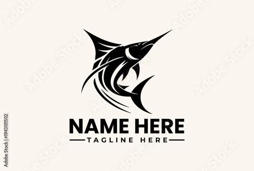 A black and white vector illustration of a stylized marlin fish logo with a customizable name and tagline on a clean background.