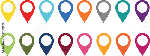 Colorful Map Pin Icon Set with Diverse Location Pointer Markers and Navigation Symbols in Various Vibrant Colors for Web Interface Design