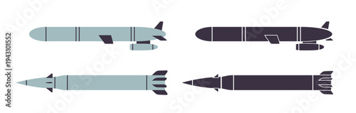 Military drones silhouette set unmanned aerial vehicles missiles flat icons isolated on white background modern defense technology graphic elements