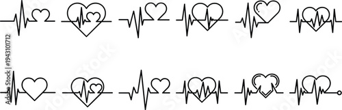 Heartbeat Pulse Line Vector Icons Set with EKG Electrocardiogram Heart Shapes for Medical Healthcare Cardiology Wellness Life Support and Clinical Design