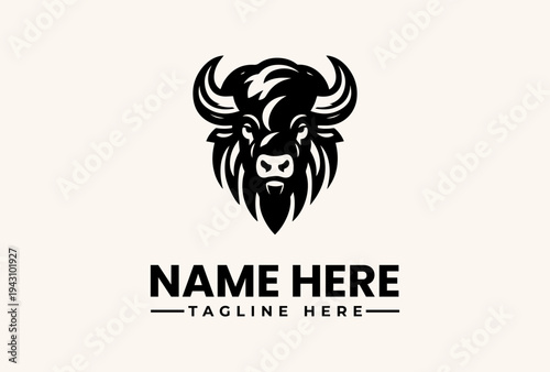 Black vector illustration of a bison head logo with placeholder text on a beige background, featuring a stylized icon design.