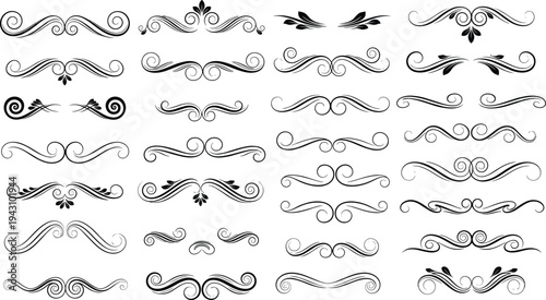 Vintage Calligraphic Divider Ornament Set with Elegant Hand Drawn Swirl Flourishes and Filigree Decorative Elements for Wedding Invitation Design and Stationery