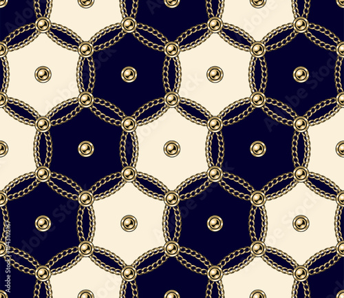 Seamless jewelry pattern with golden chains, beads arranged in geometric grid of interwoven circles. High contrast diagonal background. Classic elegance design