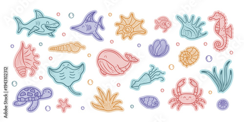 
A set of flirty hand-drawn stickers of seashells, underwater creatures, and underwater plants. Vector illustration in pastel colors.