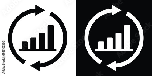 Bar graph chart surrounded by circular rotation arrows. Vector icon representing data processing, financial updates, analytics refresh, and business growth monitoring.