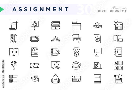 Assignment icons. Exam, inspection, pen, book, study, star, result, paper, question, answer, online, class line icon set