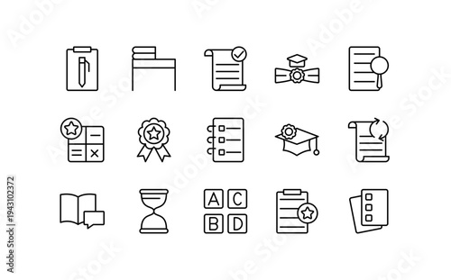 Exam line icon set. Quality, inspection, evaluation, improve, quality, pen, book, study, star, result, paper, question, answer, outline icons. Editable vector stroke