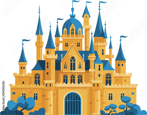 Fairytale fantasy castle illustration, magical medieval palace with towers and flags, royal kingdom architecture cartoon vector isolated background
