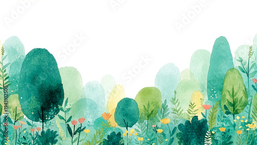 水彩画で描かれた柔らかな緑の森と色とりどりの草花のイラスト。自然、エコロジー、春をイメージした背景用グラフィック