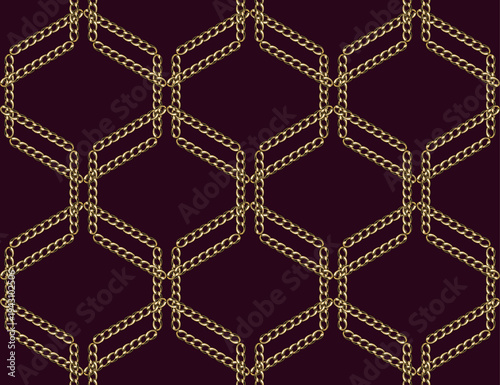 Seamless jewelry pattern with golden chains arranged in geometric grid with overlapped hexagons. Dark maroon background. Classic elegance design for luxury packaging, fashion background