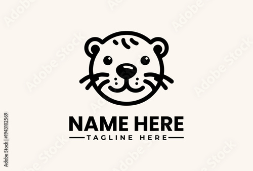 A simple black and white vector illustration of a tiger's face with a customizable name and tagline on a beige background.