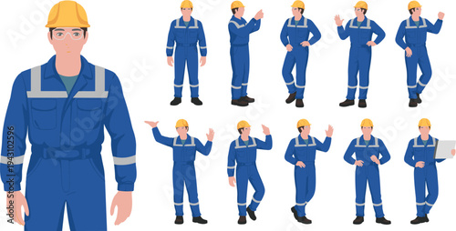 Industrial engineer worker character set wearing safety helmet and blue uniform showing different gestures for construction, factory and manufacturing industry