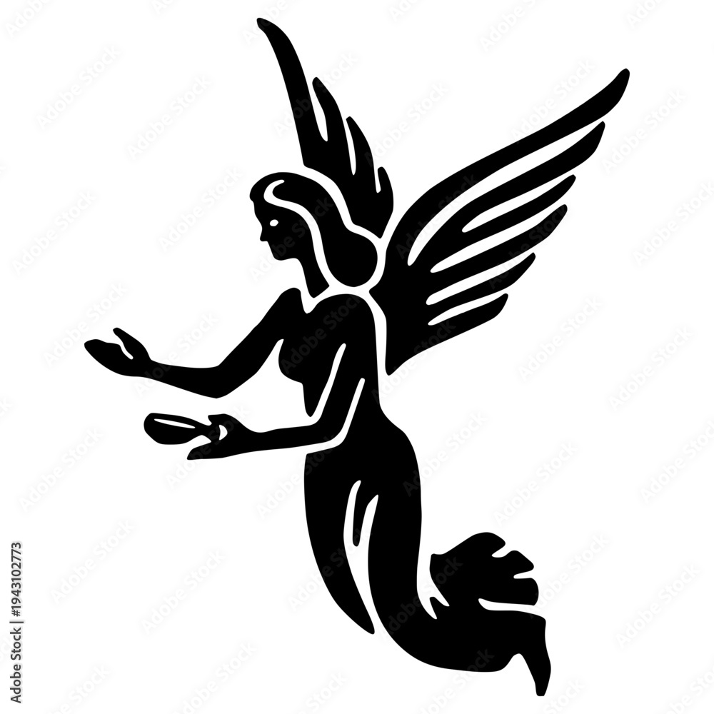 Fototapeta premium A minimalist black silhouette of a winged mermaid swimming through the air with outstretched arms.