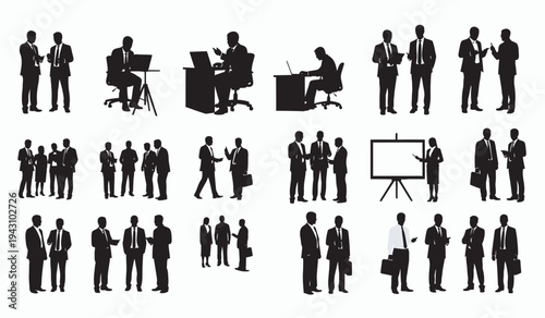 Business People Silhouette Set Working on Laptop, Phone and Meeting – Workday Office Activities Collection