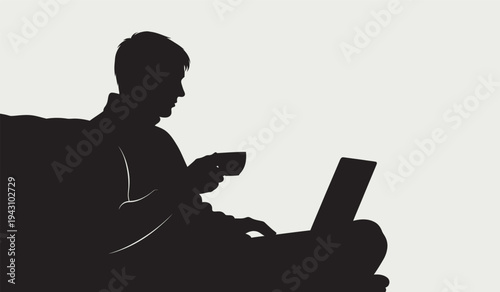 Man Working on Laptop While Drinking Coffee Silhouette – Workday Relaxed Office Lifestyle