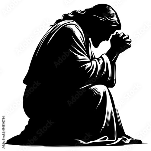 A black silhouette of a person kneeling in prayer with hands clasped together in a moment of contemplation and devotion.