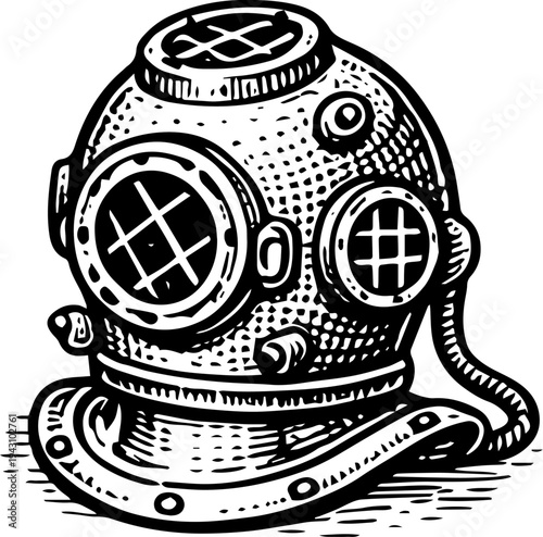 Antique Deep Sea Diving Helmet Vintage Engraving Illustration