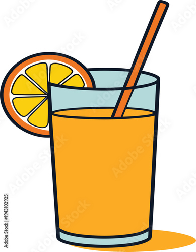 Glass of orange juice with orange slice and straw drink vector illustration