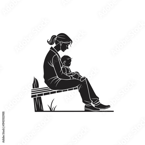 Woman Relaxing on a Park Bench While Holding Her Baby in a Calm Outdoor Setting