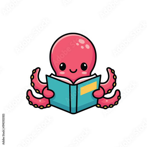 Cute Cartoon Octopus Reading a Book with Tentacles.