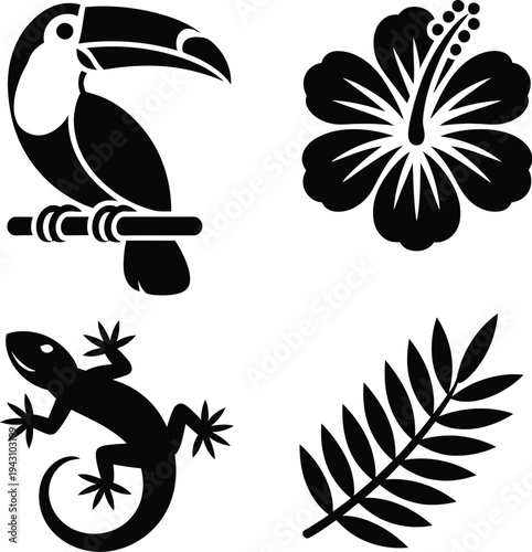 Tropical icons featuring a toucan silhouette with a hibiscus flower and lizard