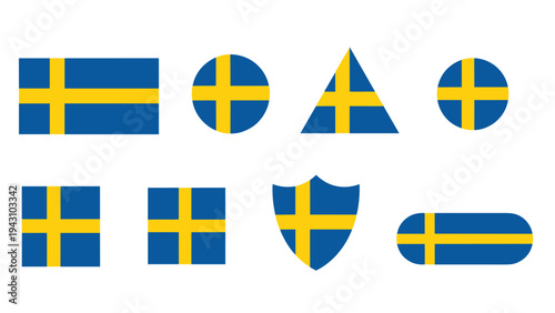 Set of eight Swedish national flag icons presented in various geometric shapes including circles triangles shields and rectangles.