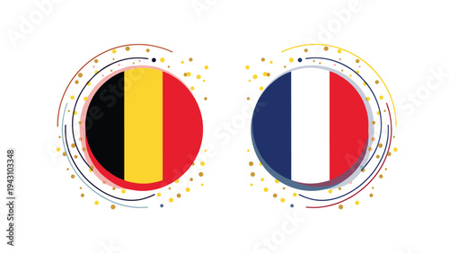 Two circular icons depicting the national flags of Belgium and France surrounded by abstract rings and golden particle dots.