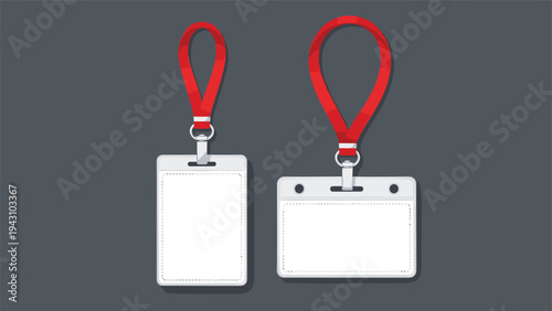 Pair of identification card badges with red lanyards shown in vertical and horizontal orientations against a dark grey background.
