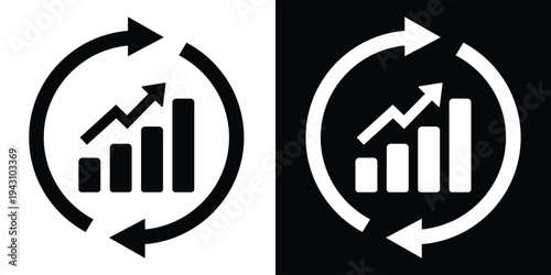 Bar graph chart surrounded by circular rotation arrows. Vector icon representing data processing, financial updates, analytics refresh, and business growth monitoring.