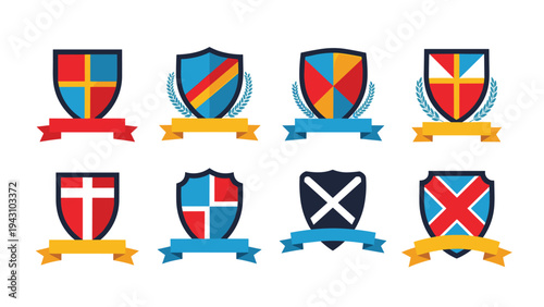 Free Download Collection of eight diverse shield-shaped badges with colorful geometric patterns and decorative ribbons at the bottom. - GFXLoad