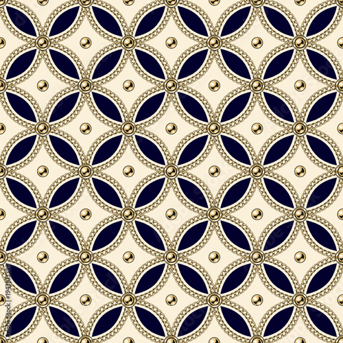 Classic gold chain seamless pattern. Interwoven chains and beads form in geometric grid with stylized quatrefoil, four petaled floral ornament. Contrast background. For luxury branding, packaging