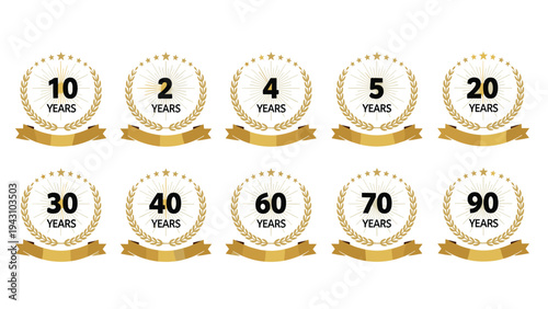 Collection of golden anniversary badges from two to ninety years with laurel wreaths, stars, and ribbons on a white background.