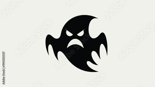 Black silhouette of an angry ghost with sharp teeth and glowing white eyes floating on a light grey background for Halloween theme.