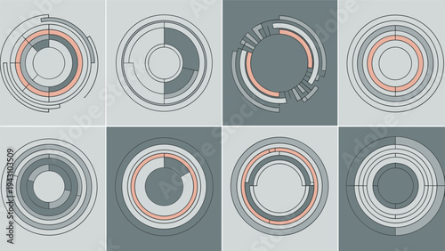 Set of eight complex circular user interface elements with concentric rings, segments, and data visualization patterns in muted colors.