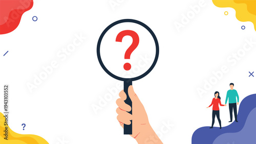 Large hand holding a magnifying glass with a red question mark inside, featuring a couple and abstract shapes in the background.