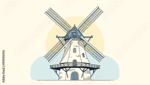 Intricate line art illustration of a traditional windmill with detailed windows, balconies, and sails against a circular sun background.