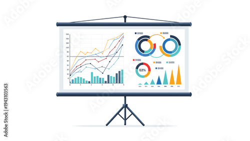 White presentation screen on a tripod displaying various business charts, graphs, data visualizations, and color-coded infographics.