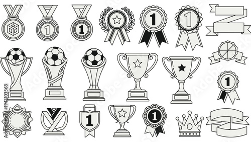 Large collection of black and white icons featuring different trophies, medals, ribbons, soccer balls, and award crowns for victory.