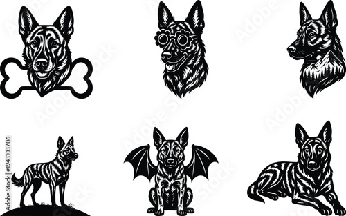 High quality Dutch Shepherd silhouette bundle set featuring elegant dog outlines ideal for stickers wall art and pet lover designs