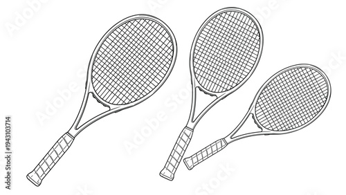 Trio of tennis rackets shown from different angles in a black and white line drawing sketch against a plain white background.