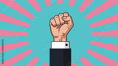Illustration of a raised clenched fist representing power, protest, and solidarity set against a blue and pink sunburst background.