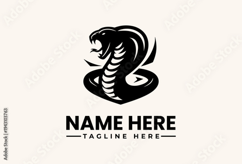 A black and white vector illustration of a cobra logo with a placeholder name and tagline on a beige background.