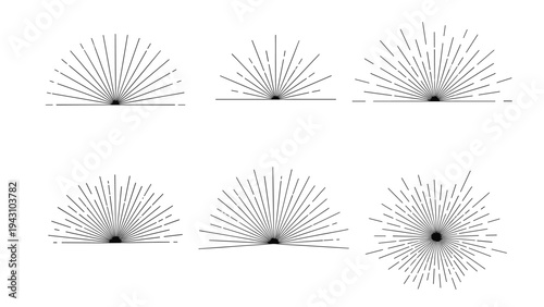 Set of six different semi-circular or radial line designs in black on a white background representing rising sun or half starbursts.
