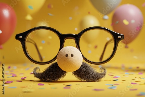 Celebration of humor with a wacky disguise on vibrant yellow. Candid shot. Comical disguise ensemble with party elements in vivid yellow setting. True story. Simple life.