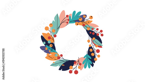 Beautiful circular wreath made of colorful autumn leaves and berries in shades of red, orange, blue, and teal on a white background.