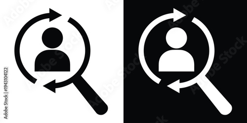Silhouette of a person inside a magnifying glass with circular arrows. Vector icon representing candidate searching, recruitment cycles, user tracking, and human resources discovery.