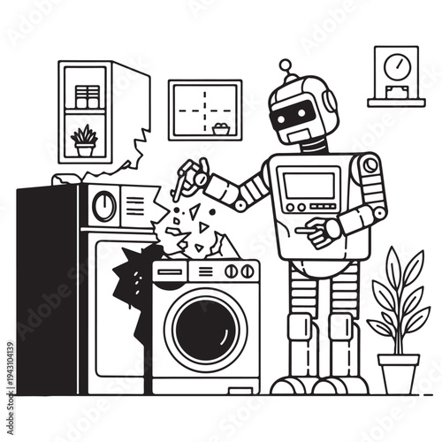Robot Repairing Broken Appliance with Tools and Debris