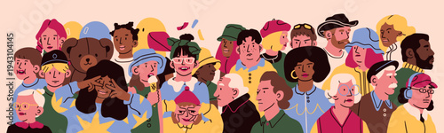 Big set of different age people stand side by side. Diverse multicultural, multiracial people. Cute characters. Family, teamwork, togetherness, community concept. Hand drawn trendy Vector illustration