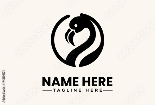 A black swan logo with a circular design and placeholder text on a beige background, featuring a stylized illustration of a swan's head and neck.