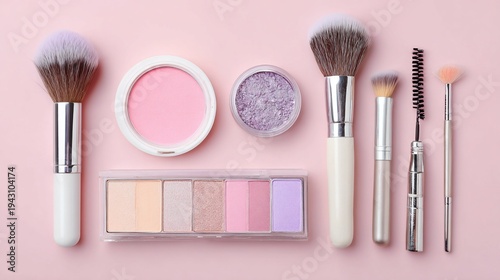 Assortment of makeup brushes, compacts, and eyeshadow palette, arranged on a pink surface